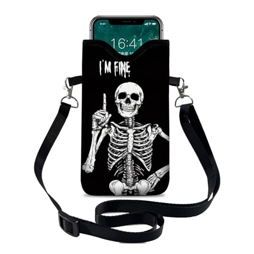 Image of Neoprene Cell Phone Sleeve Pouch Case Bag with Crossbody Strap Neck Lanyard for Women 7.1 X 3.9 in Skeleton Black