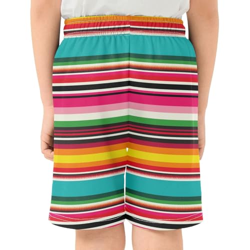 Colorful Mexican Stripes Athletic Shorts with Zipper Pockets, Youth Boys Athletic Running Shorts for Summer3
