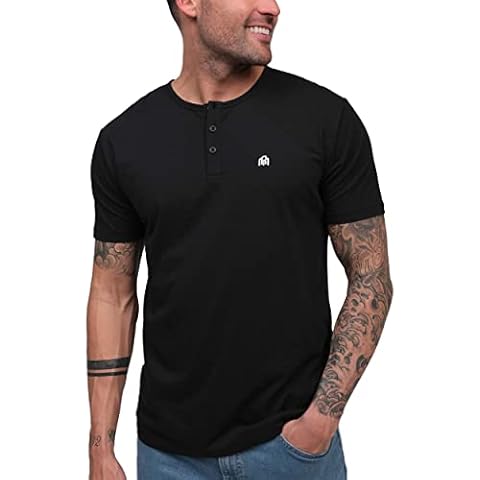 INTO THE AM Premium Henley Shirts for Men - Casual Short Sleeve Modern Slim Fit Logo T-Shirt (Black, X-Large) Cover