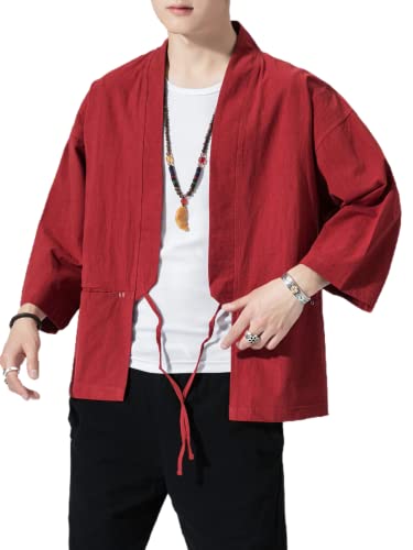 Image of Men's Japanese Kimono Cardigan Loose Cotton Linen 3 /4 Sleeve Open Front Casual Summer Shirt Jackets