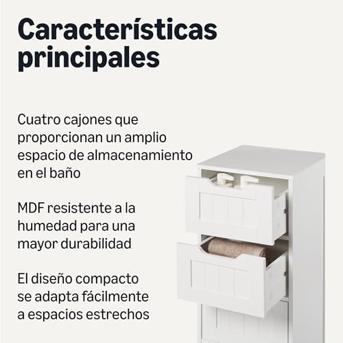 Miniatura 3 de Amazon Basics Gabinete De Almacenamiento Para Baño Con 4 Cajones, Almacenamiento Bajo Lavabo, Construcción Mdf, Blanco, 30cm X 30cm X 82cm