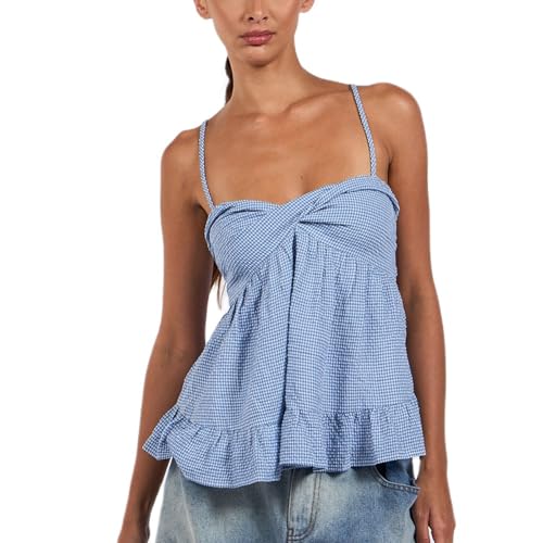 Mxiqqpltky Women Y2k Plaid Babydoll Tank Top Summer Spaghetti Strap Square Neck Ruffle Camisole Cute Flowy Hem Peplum Shirts