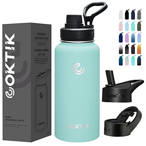 COKTIK 32 oz Sports Water Bottle With Straw,3 Lids, Stainless Steel Vacuum Insulated Water Bottles,Leakproof Lightweight, Keeps Cold and Hot, Great for Travel, Hiking, Biking, Running (Iceberg)