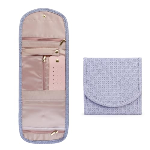 FuninCrea Rotolo di gioielli in ecopelle, compatto, da viaggio, con supporto per orecchini e porta anelli, pieghevole, per gioielli, da viaggio, per anelli, orecchini, collane, bracciali (viola)