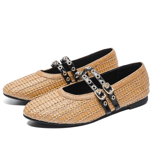 Agodor Raffia Woven Ballet Flats for Women Mesh Mary Jane Flat Round Toe Adjustable Double Buckle Strap Comfort Mesh Ballerina Shoes
