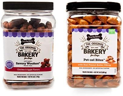 Three Dog Bakery Snack Jars Premium Treats for Dogs, Soft Baked Grain Free Meaty Woofers, Chicken and Apple & Crunchy Pet-zel Bites with Peanut Butter Filling, 49 Ounces, 2-Pack