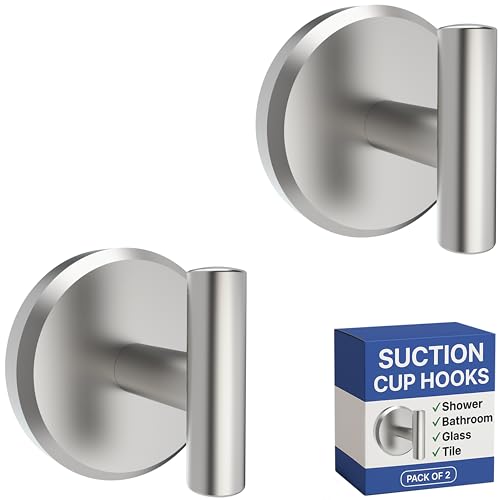 HOME SO Suction Cup Hooks for Shower & Bathroom Towel 2-Pack Brushed Nickel