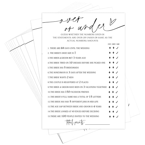 ZIIUFRN Bridal Shower Games, Over Or Under, 5x7 Inches, Fun and Hilarious Games for Bridal Shower, Wedding Shower, Bachelorette Party Decorations Supplies -A13, White