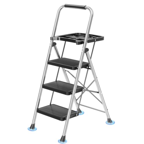 DIAMONDFORGE 3-Step Ladder Folding Step Stool with Tool Platform & Anti-Slip Wide Pedal, Heavy Duty Steel Construction, 600 lbs Capacity for Home & Office, Grey