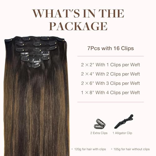 Image of GOO GOO Clip in Hair Extensions Real Human Hair, Remy Human Hair Extensions Clip ins for Women, Natural Human Hair, 16inch 120g 7Pcs, 2 /6 /2 Balayage Dark Brown to Chestnut Brown