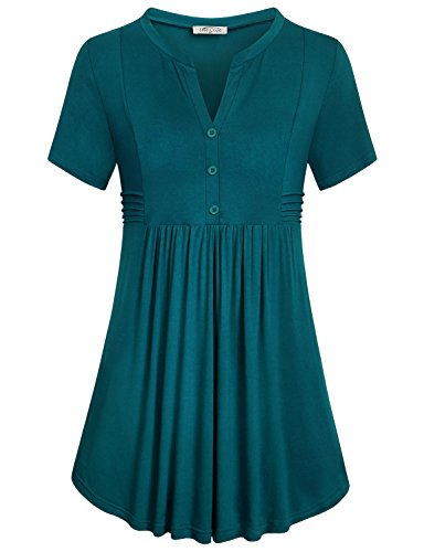 Blouse Shirts,SeSe Code Women Pintuck Tunic Business Trends Church Henley Clothes Different Classic Classy Tops Slim Fit Teal Roomy Notch V Neck High Waist A Line Flared Hem Tunic Dark Cyan XXL