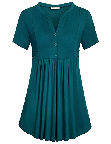 Tunic Blouse,SeSe Code Women Short Sleeve Henley Shirts Peasant Dressy Soft Surroundings Fit Loosely Drape Button Up Flared Bottom Tops for Leggings Dark Cyan XL