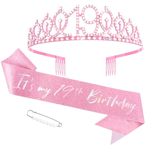 Canitor Pink 19th Birthday Decorations For Girls Birthday Tiara Crown Headband and Sash 19 Year Old Girl Gift Ideas Happy 19th Party Supplies