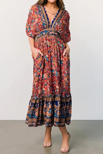 Image of R.Vivimos Women's Boho Floral Print Midi Dress with Pockets