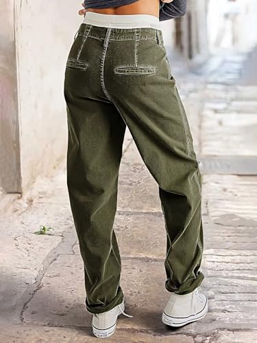 Flamingals Women's Straight Leg Pants Mid Rise Barrel Boyfriend Roll Hem Stitch Front Patch Pocket Cropped Pants2