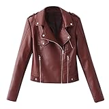 Kunstlederjacke Damen Einfarbig Modische Lederjacke Schlank Outdoor Ledermantel Reißverschluss Revers Bikerjacke Leichte Casual Motoradjacke Teenager Mädchen Bomberjacke Bequem Freizeitjacke