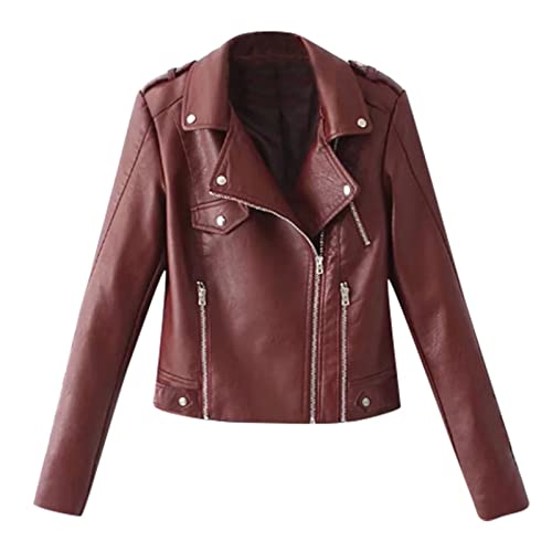 Women's Faux Leather Shacket Long Sleeve Zip Up Motorcycle Jacket Moto Biker Coat Notch Lapel Open Front Cardigans