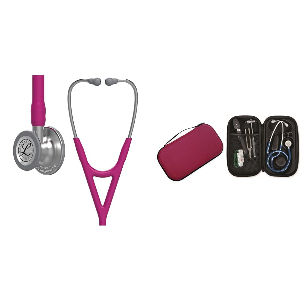 3M Littmann Cardiology IV, Stetoscopio diagnostico, testina con finitura standard, tubo auricolare lampone, 6158 + GIMA ASTUCCIO PORTA FONENDO, Bordeaux, Uso Professionale