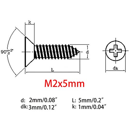 100 tornillos autorroscantes de acero inoxidable 304 M2x5mm cabeza plana Phillips miniatura 2