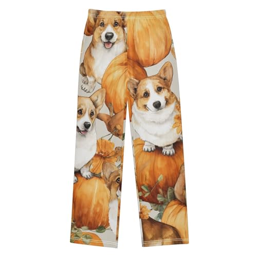 Corgi Dog Pumpkins Floral Boys Long Pants Soft Trousers Elastic Waist Kids Lounge Bottoms with Pockets S-XL