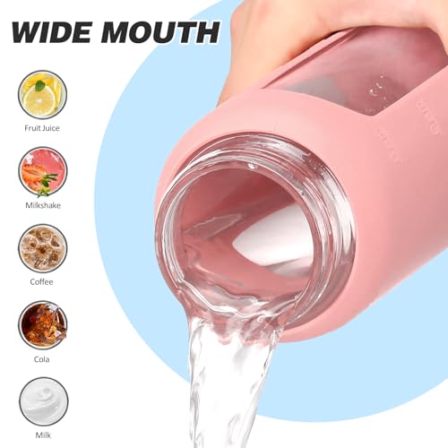 Image of 32oz Glass Water Bottle with Straw and 2 Lids, Pink