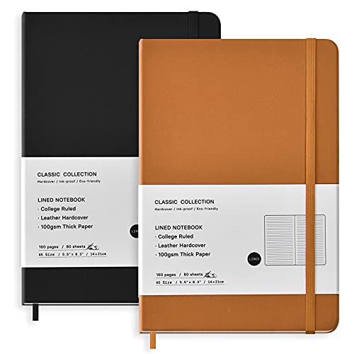 Coopay 2 Pack A5 Journal Notebooks Classic College Ruled Notebooks Hardcover Leatherette Lined Journals for Office Home School Business, 8.3 x 5.5 inch, 100GSM Thick Paper, 160 Pages (Black/Brown)