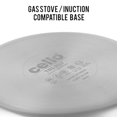 Image of Cello Tri-Ply 14 cm Stainless Steel Cookware Tope with Lid 1 LTR | Tri-Ply Bottom Tope with SS Lid | Induction and Gas Stove Friendly | Dishwasher Safe | Silver