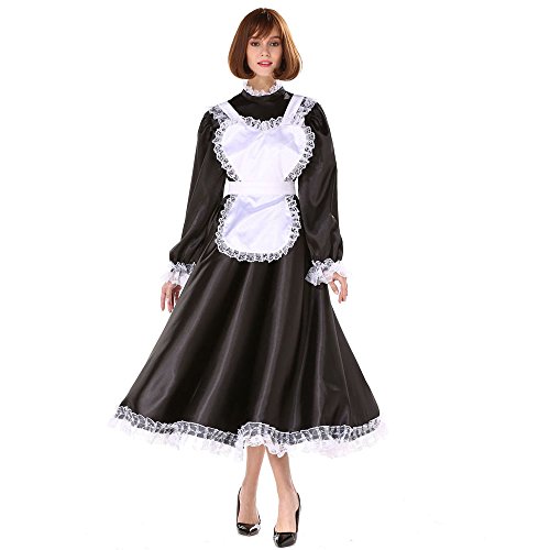 Women French Maid Lockable Medium Length Satin Dress Uniform Crossdresser