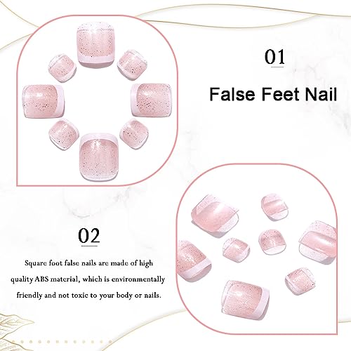Handcess French False Toe Nails Nude Pink Glossy Press on Toe Nail Glitter Fake Toenails Full Cover Acrylic Toe Nail Art Tips for Women and Girls 24Pcs - Image 3