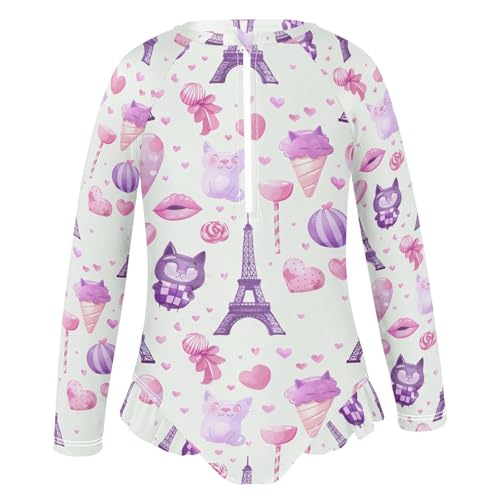 Eiffel Tower Ice Cream Heart Girls Long Sleeve Swimsuit UPF 50+ Rashguard Swimwear One Piece Bathing Suit 212203534