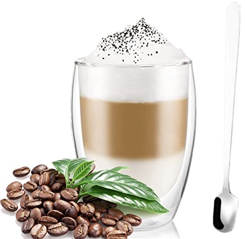 R&SB 350ml Double Walled Glass Coffee Mug, Cappuccino Latte Macchiato Tea Milk Glass Cups Heat Resistant Cup (Without Handle), with a Stainless Steel Spoon