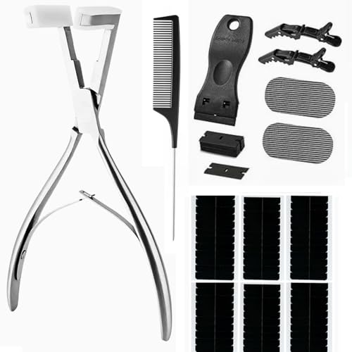 Tape in Hair Extension Tools Kit Professional Flat Surface Stainless Steel Tape in Hair Extensions Sealing Clamp Plier Tape Remover Scraper Tool Hair Clips Hair Extensions Styling Tools(Silvery Set)