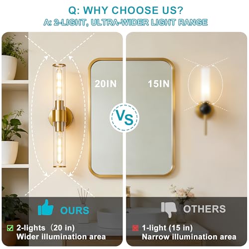 Image of Gold Wall Sconce 2 Pack Hardwired, Bathroom Light Fixtures Clear Glass Featuring Two E26 sockets, Vanity Lights Fixtures for Bathroom, Dimmable - Bulb Not Included, UL Certification