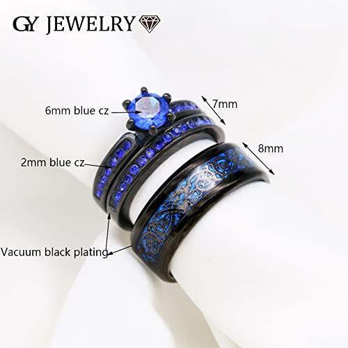 Two Rings Couple Ring Bridal Sets His Hers Black Stainless Steel 10k Black Wedding Band…