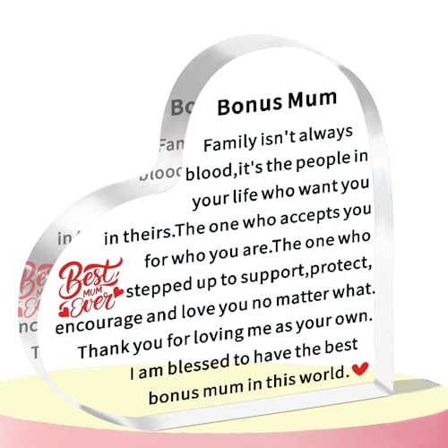 WTOPP Bonus Mum Gifts Mothers Day Gifts Acrylic Heart Shape Plaques as Step Mum Gifts Birthday Gifts For Stepmum as Bonus Mum Gifts From Daughter Son