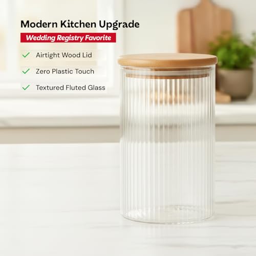 Image of amazon basics Fluted Glass Jars with Bamboo Lids, Set of 6, 600ml Decorative Kitchen Storage Containers for Snacks, Dry Fruits, Tea, Coffee, Sugar & Pantry Organization