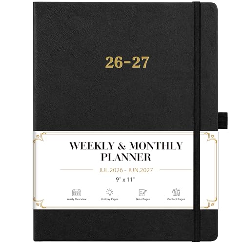 2026-2027 Planner - Weekly and Monthly Planner 2026-2027, Jul.2026 - Jun.2027, 9" x 11", 26-27 Calendar Planner with Inner Pocket + Bookmarks+ Leather Hardcover, Black