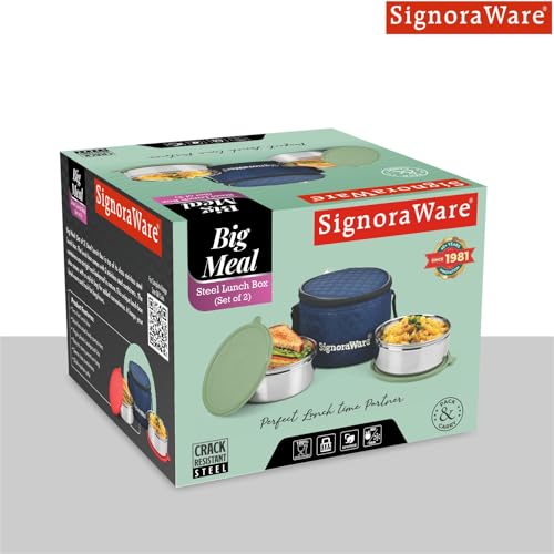 Image of SignoraWare Big Meal Stainless Steel Container Set | Airtight & Leakproof | Durable & Rust-Free | Ideal for Office, School, Home & Outdoor Use (800ml+800ml | Set of 2 | EGreen)