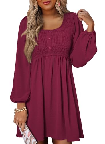 Dokotoo Damen Kleider Musselin Elegant Langarm Freizeitkleider Rundhals A-Linie Midikleid Frühling Sommer Leinenkleid, rosa, 2XL