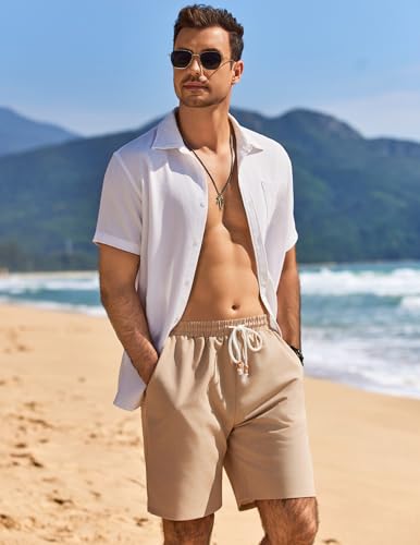 COOFANDY Mens Linen Casual Drawstring Elastic Waist Summer Beach Shorts - Lightweight Vacation Shorts, Khaki, L