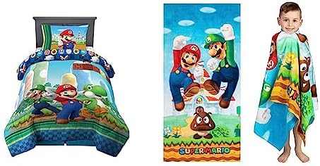 Franco Kids Bedding Super Soft Comforter and Sheet Set, 4 Piece Twin Size, Mario & Super Mario Official Nintendo Kids Super Soft Cotton Bath/Pool/Beach Towel, 58 in x 28 in