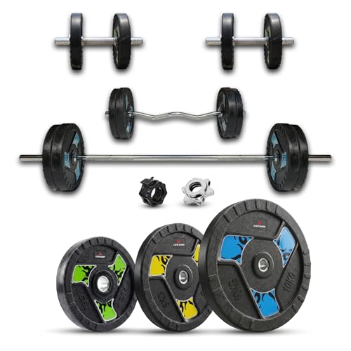 Image of Leeway 50kg Combo | Home Gym Set for Men | Barbell Rod with Plates and Dumbbell Set | Rubber Weight Plates, 3 Ft Curl + 5 Ft Rod (28mm) | Gym Equipments Zym, Jim ka Saman (50kg Set (2.5X4+5X4+10X2)