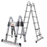Escalera retráctil DICN de 3,8 m/12,5 pies con capacidad de carga de 150 kg, 12 peldaños, estructura en A, plegable, extensible, multiusos, de acero inoxidable, para uso diario en el hogar, oficina