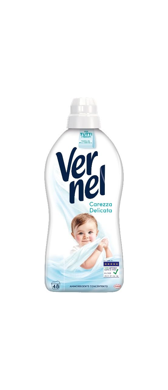 Ammorbidente Concentrato Vernel Carezza Delicata (10 x 48 lavaggi), Ammorbidente Concentrato per Tutti i Tessuti, con Fragranza Ipoallergenica, Approvato Dermatologicamente per Pelli Sensibili