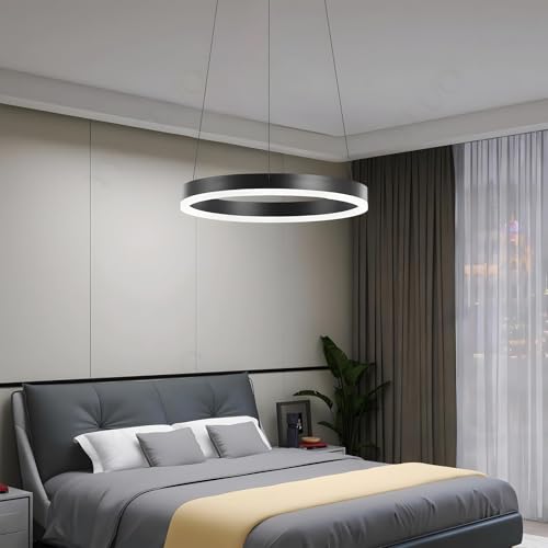 Lustre LED moderne suspension anneau noir 40cm éclairage variable plafond