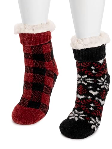 Image of MUK LUKS Women's Fuzzy Chenille Plush Lined Tall Rib Cuff Cabin Socks, 2-Pack, M /L & L /XL