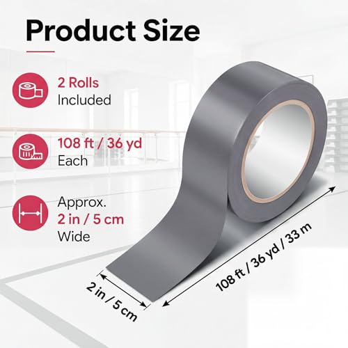 Image of Pangda 2 Rolls Dance Floor Vinyl Tape Grey 36 yd x 2 in Durable Tape Splicing Strong Adhesion No Residue for Gym Dance Room Restaurants Kitchen Floor Safety Marking