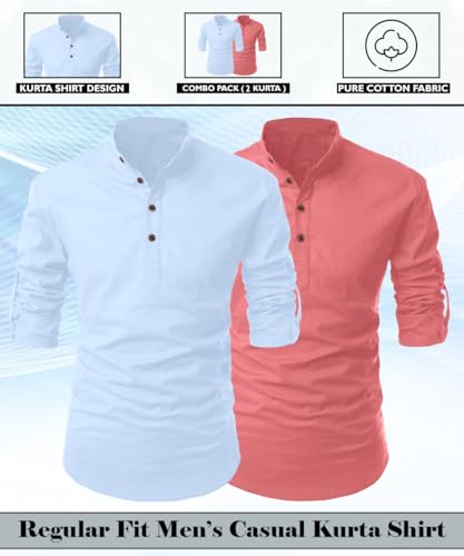 Image of FINIVO FASHION Combo of Men's Cotton Blend Solid Regular Fit Full Sleeve Straight Short Kurta Shirt, Casual and Formal Wear