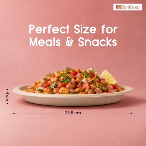 Image of Bonkaso 9 Inch, Pack of 25 Bagasse Disposable Round Plates (Beige)| Eco-Friendly Sugarcane Paper Plates | Biodegradable, Compostable & Sturdy | Ideal for Snacks, Desserts, Parties, Weddings & Events