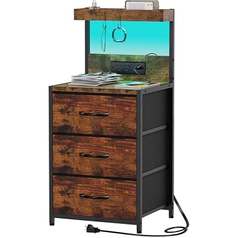 SZLHANJZ Nightstand, Dresser Nightstand with Charging Station and Led Lights, 3 Drawers Night Stand with Storage Shelf and Hooks, Tall End Side Table for Bedroom, Rustic Brown Cover
